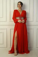 Robe de soirée longue en mousseline de soie avec col en V et taille brodée pour femme