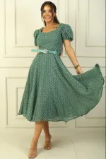 Balloon Sleeve Midi Length Lined Waist Belted Patchwork Fabric Dress