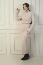 Kadın Balıkçı Yaka Crop Bluz Beli Lastikli Yırtmaçlı Etek 2'li Takım