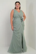 Women's Front and Back V-Neck Lined Front Dappled 3D Floral Plus Size Tulle Long Dress