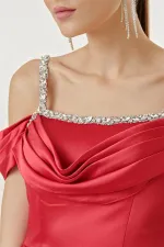 Stone Detailed Thin Strap Low Sleeve Lined Long Satin Dress