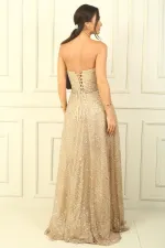 Strapless Lace-Up Back Lined Sequined Long Evening Dress
