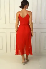 Rope Strap Double Breasted Collar Belted Waist Lined Flounce Chiffon Long Dress