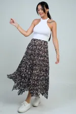 Kadın Beli Lastikli Astarlı Mini Çiçekli Midi Kraşlı Üçgen  Etek