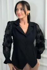 Kadın Önü Düğmeli Kolları Organze 3 Boyut Çiçekli Tasarim Bluz