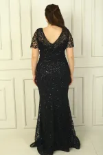 Ön Arka V Yaka Astarlı Boncuk-Pul İşlemeli Büyük Beden Abiye Elbise