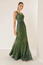 Thick Strapped Ghost Tulle Lined Glittery Long Dress