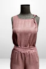 Kadın  Toka Detaylı Eteği Asimetrik Bluz Beli Lastikli Cepli Palazzo Pantolon Keten 2'li Takım