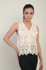 Women's V-Neck Button-Front Embroidered Skirt with Lace Trim Vest