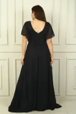 Kadın Ön Arka V Yaka Beli Taş İşlemeli Astarlı Simli Büyük Beden Abiye Elbise