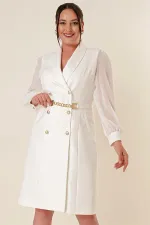 Önü Düğmeli Beli Kemerli Kolu Tül Büyük Beden Elbise