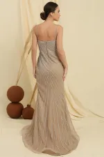 İp Askılı Önü Yırtmaçlı Astarlı Taş İşlemeli Balık Elbise