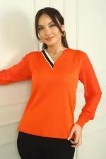 Kadın V Yaka Yarısı Şeritli Kolları Şifon Kazak