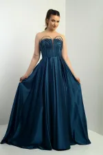 Women's Strapless, Lined, Front Underwire, Flared Long Satin Evening Dress with Pocket