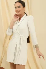 Shoulder Padded, Half Lined, One Side Pleated, Sleeve Chain Detailed Dress