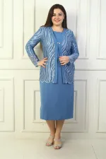 Women's Sequin and Glitter Embellished Tulle Jacket, Long-Sleeved Lined Crepe Dress, Plus Size Two-Piece Set