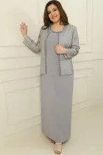 Robe longue en crêpe avec col et doublure ornés, veste à sequins, ensemble 2 pièces grande taille