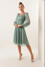 Square Neck, Belted, Balloon Sleeve, Lined, Glittery Dress