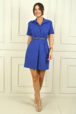 Button-front, short-sleeved, belted A-line pleated dress