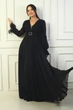 Robe de soirée longue en mousseline doublée, col en V et ceinture à boucle pour femme