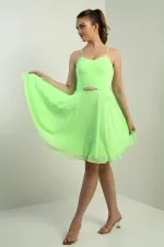 Women's Strappy, Back-Tie, Front-Opening, Lined Chiffon Short Flared Dress