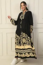 Önü Yarım Düğmeli Kolu Lastikli Empirme Tesettür Uzun Elbise