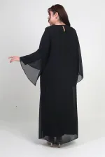 Kadın Üstü Şifon Pelerinli Pul Taş Detaylı Geometrik Desen Likralı B.B. Uzun Elbise