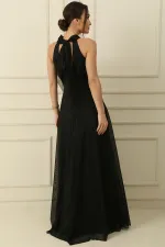 Boyundan Bağlamalı Astarlı Uzun Tül Elbise