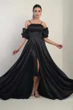 Robe longue en satin pour femme, à fines bretelles, doublée, manches montées et poches