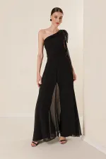 Sequin Collar One-Shoulder Chiffon Crepe Jumpsuit
