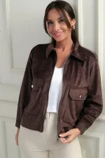 Manteau en daim pour femme avec poche et fermeture éclair sur le devant