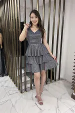 Front Back V Neck Glittery Layered Dress