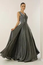 V Yaka Hayal Tüllü Simli Astarlı Abiye Elbise