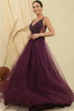 Strappy Long Tulle Dress with Guipure Bead Details and Lining