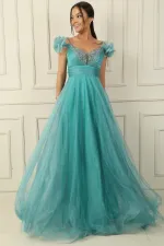 Ön Arka V Yaka İp Askılı Düşük Kollu Önü Taş Detaylı Astarlı Uzun Tül Elbise