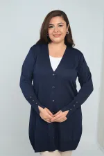 Kadın Kolları Düğme Detaylı Soğuk İplik Büyük Beden Uzun Hırka