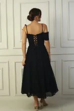 Women's Strappy Back Lace-up Dropped One-Sleeve Dress with Feather Brooch and Lined Glossy Fabric