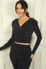 Women's Double-Breasted Long Sleeve Glittery Blouse