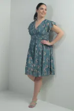 Robe en lin imprimé grande taille, doublée, col croisé, manches volantées