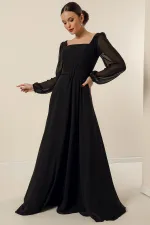 Square Neck Belted Lined Chiffon Long Evening Dress