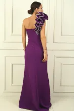 Tek Marul Omuzlu Astarlı Parlak Taş Detaylı Krep Balık Abiye Elbise