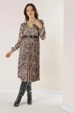 Double-Breasted, Belted, Lined, Snake Patterned Pleated Satin Dress