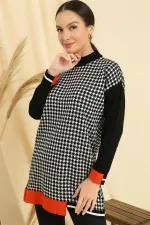 Relaxed Fit Knitted Tunic with Houndstooth Pattern and Striped Cuffs and Hem