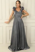 Düşük Volan Kol Drapeli Astarlı Simli Uzun Elbise