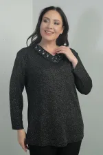 Women's Pearl-Embellished V-Neck Lycra Glittery Plus Size Blouse