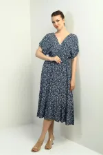 Kadın Ön Arka V Yaka Yarasa Kollu Mini Çiçekli Cepli Fırfırlı Elbise