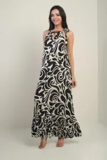 Women's Long Dress with Collar Accessory, Side Lace-up, Pockets, and Mixed Pattern.