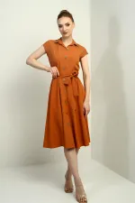 Women's Button-Front Belted Shirt Collar Short-Sleeve Dress
