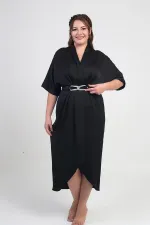 Women's Wrap Neck Short Batwing Sleeve Double Pleated Crepe Satin Plus Size Midi Designer Dress
