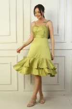 Jupe à bretelles pour femme, doublée et drapée, avec double volant en satin